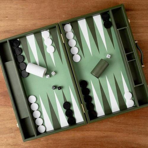 Green leather backgammon set - green,